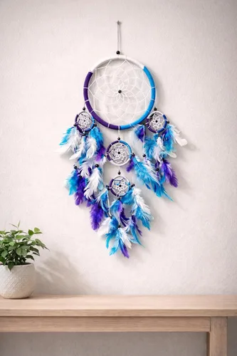 Miniatura 7 de OMA Atrapasueños – Colores tradicionales de tie-dye hechos a mano, plumas turquesa, morado y blanco – Tamaño grande – 9 pulgadas de diámetro y 30