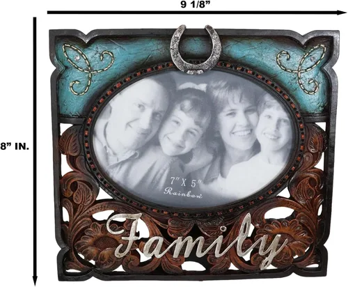 Miniatura 2 de Ebros Gift Rustic Western Family - Marco de fotos de piel sintética turquesa y resina de madera tallada, 7 x 5 pulgadas, con caballete trasero