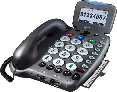 Geemarc Ampli550 - Teléfono fijo de botón grande - Teléfono con cable ultra fuerte - Identificador de llamadas parlante, teclas parlantes - Pantalla