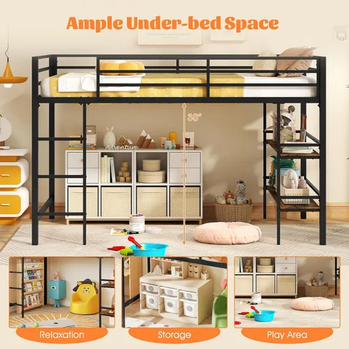 Miniatura 4 de Giantex Cama baja tipo loft tamaño individual, marco de metal resistente con estantes de almacenamiento, escalera y barandillas de longitud