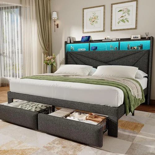 Miniatura 8 de Driftalia Base de cama de tamaño completo con cabecera de almacenamiento de 2 niveles, base de cama de tamaño completo tapizada con 2 cajones