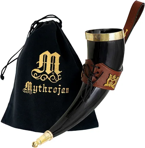 Miniatura 37 de Mythrojan Cuerno vikingo para beber 100% natural, auténtico, decoración de latón, cuerno nórdico con funda de cuero negro, bolsa de lona para vino