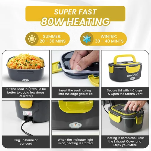 Miniatura 4 de Fiambrera eléctrica de 80 W para adultos – Lonchera térmica y calentador de alimentos portátil con recipiente de acero inoxidable de 1.5 L Gris