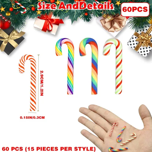 Miniatura 7 de 60 bastones de caramelo de Navidad, mini bastones de caramelo falsos, sin agujeros, cuentas de bastón de caramelo para manualidades de Navidad