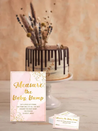 Miniatura 3 de Juego de baby shower, mide la protuberancia del bebé (1 letrero de pie + 50 tarjetas de búsqueda), papel de aluminio dorado con texto en inglés «How