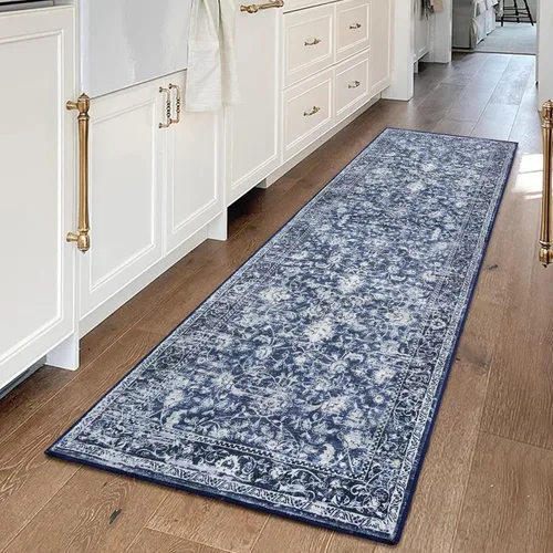 Miniatura 25 de KILOCOCO Alfombra lavable de 2 x 3 para entrada, estampado floral vintage, suave, antideslizante, azul, alfombras de cocina, tapete