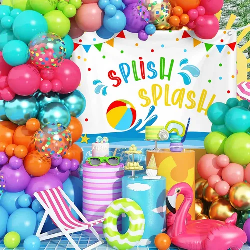 Miniatura 2 de MEHOFOND Fondo salpicado de salpicaduras de 7 x 5 pies, fondo de fiesta de verano en la piscina, fondo de cumpleaños, pelota de playa, tema de agua