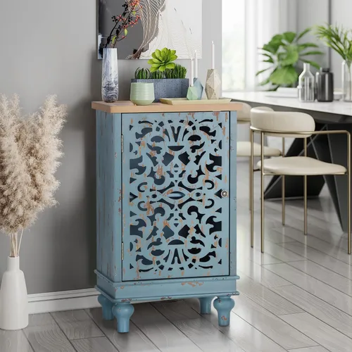 MFSTUDIO Gabinete de Almacenamiento Pequeño con Acento con 1 Puerta, Gabinete de Madera Decorativo Estilo Granja con Tallado Hueco Floral Desgastado