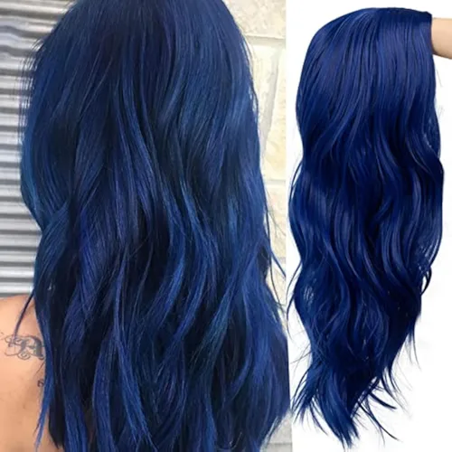 Miniatura 9 de Peluca larga y rizada ondulada, color negro y verde, peluca sintética natural con raya en medio para cosplay, pelucas de pelo para mujeres
