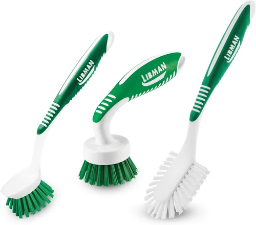 Libman - Juego de cepillos de limpieza verde y blanco, juego de 3 piezas, cepillos multiusos para cocina, lavabos, fregaderos, lavavajillas