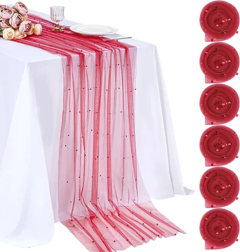 Miniatura 17 de LuoluoHouse Camino de Mesa de Perla para Centros de Mesa de Boda: Camino de Mesa de Perla de 10 pies, Decoración de Mesa de 29x120 Pulgadas de Tul
