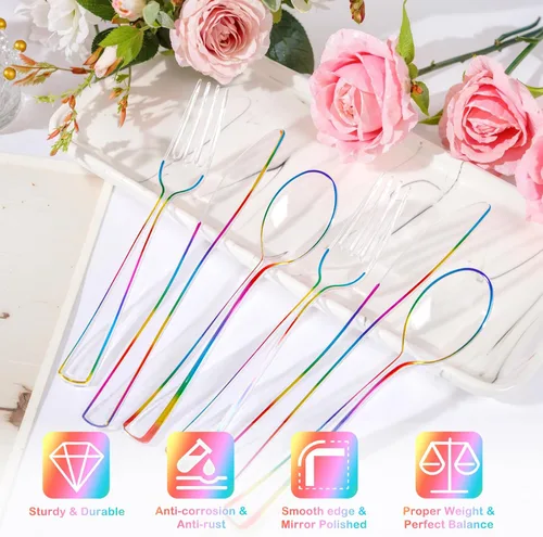 Miniatura 6 de Supernal 120 PCS Cubiertos de Plástico Transparente Resistentes – Utensilios Desechables Juego de Cubiertos Coloridos Arcoíris Incluye 40 Tenedores