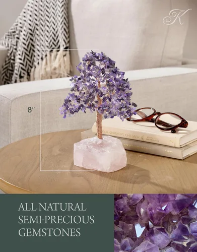 Miniatura 3 de KALIFANO Amatista natural prémium (414 piedras preciosas) Árbol de cristal de chakra con base de cuarzo rosa con propiedades curativas, árbol