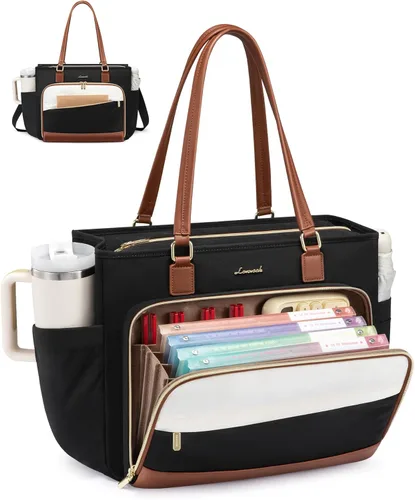 LOVEVOOK Bolsa de mano para profesores, bolsa para laptop para mujer con portavasos grande y área de archivo de acordeón, bolsa de trabajo para