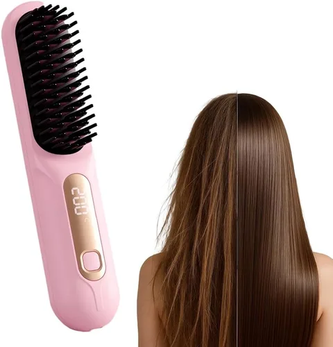 Cepillo alisador portátil profesional para viajes, mini cepillo alisador de pelo inalámbrico con pantalla LCD, cepillo de peinado recargable por USB