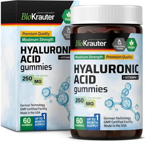BIO KRAUTER® Ácido hialurónico con vitamina C para apoyo a la hidratación de la piel – Suplementos de ácido hialurónico vegano de 250 mg de fuerza