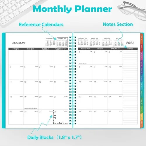 Miniatura 3 de Agenda mensual 2026 – enero 2026 – diciembre 2026, calendario de 12 meses 2026, 9 x 11 pulgadas, pestañas mensuales coloridas, adecuado