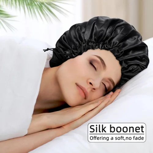 Miniatura 3 de Gorro de seda de satén para cabello rizado, gorro trenzado para dormir, para mujer, grande, doble capa ajustable (2 unidades, negro)