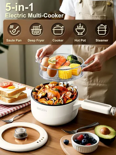 Miniatura 2 de Dezin Olla eléctrica con vaporera, sartén antiadherente para saltear de 2 L, olla eléctrica multifuncional 5 en 1 para bistec, arroz frito, avena