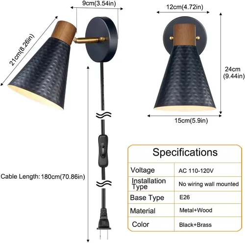 Miniatura 7 de Juego de 2 apliques de pared negros enchufables modernos, lámpara de pared para dormitorio con cable de encendido/apagado, aplique de madera