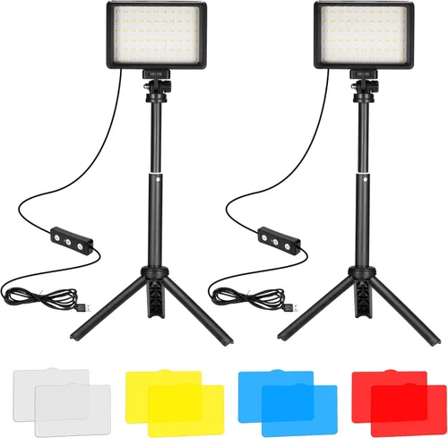 Paquete de 2 luces LED de video, luces de fotos USB regulables de 5600 K con mini trípode y filtros de colores para estudios fotográficos, tiro de