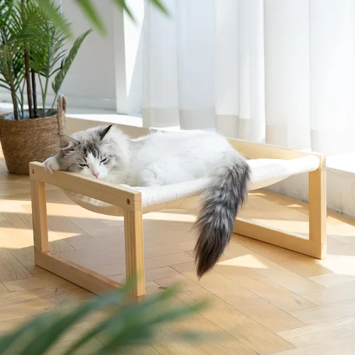 Miniatura 8 de FUKUMARU Hamaca Cama para Gatos, Cómodo Sofá de Terciopelo para Gatos de Interior, Percha de Madera Elevada para Gatos, Sofá para Mascotas de 21