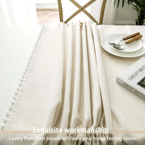 Miniatura 2 de DriftAway Mantel decorativo con borlas y pompones, de lino, rectangular, texturizado, para interiores y exteriores, comedor, buffet, cena, 55 Lino