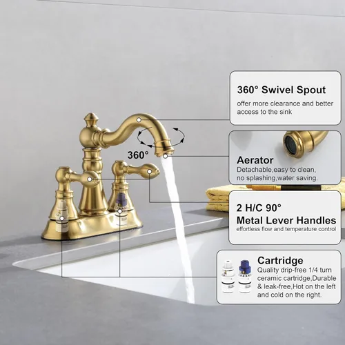Miniatura 4 de Grifo de baño con dos asas de oro cepillado de 3 agujeros con desagüe emergente de plástico con rebosadero, grifo giratorio para lavabo de baño de 4