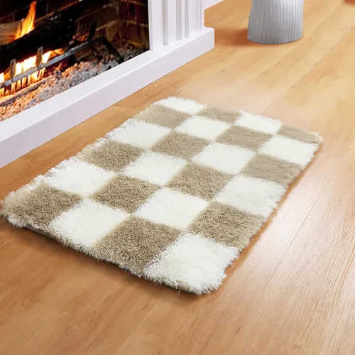Miniatura 6 de KICMOR - Tapete a cuadros afelpado, peludo, mullido, color beige y blanco crema, pequeño, de 2 x 3 pies, para dormitorio, sala, junto a la cama