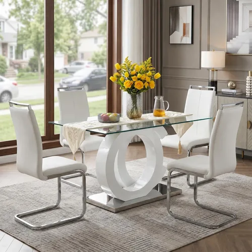 Juego de mesa de comedor de vidrio Ebullient para 4, juego de mesa de comedor de 5 piezas, mesa de comedor moderna de vidrio templado con 4 sillas
