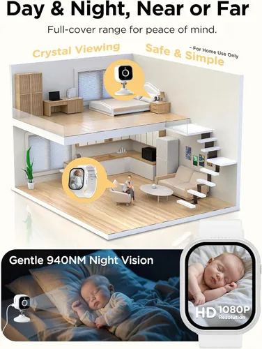 Miniatura 3 de NUOTUN Monitor de bebé con cámara y reloj de audio, portátil portátil de 2 pulgadas, monitor de bebé HD sin WiFi, bucle de video 1080P, visión