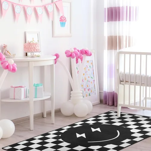 Miniatura 4 de Demissle Alfombra negra con diseño de sonrisa, diseño a cuadros, divertida, para dormitorio, contemporánea, a cuadros, decoración de habitación
