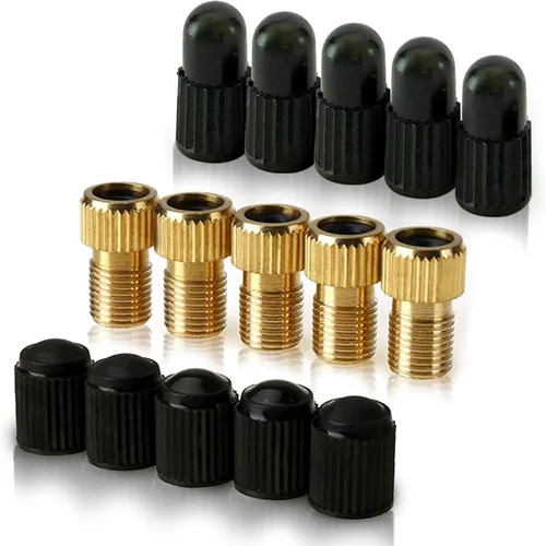 Adaptador de válvula Presta de latón (paquete de 5 + 10 tapas) – Convierte Presta a Schrader para todo tipo de bicicletas, bicicletas eléctricas y