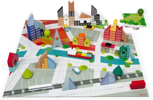 Miniatura 3 de Janod - 60 bloques Kubix de madera + rompecabezas de ciudad de cartón - 3 años + J08304
