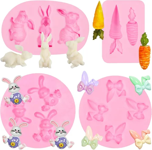 Moldes de silicona de conejo para chocolate, 4 piezas de conejo, zanahoria, conejo de Pascua, fondant, moldes para hornear para decoración de
