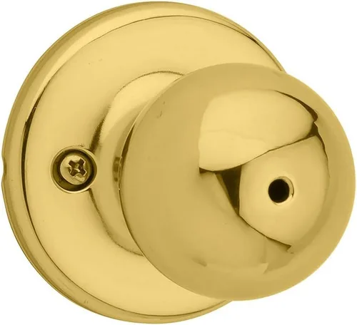 Kwikset Polo - Pomo de puerta de privacidad interior con cerradura, manija de puerta para baño y dormitorio, pomo de puerta de latón pulido sin llave