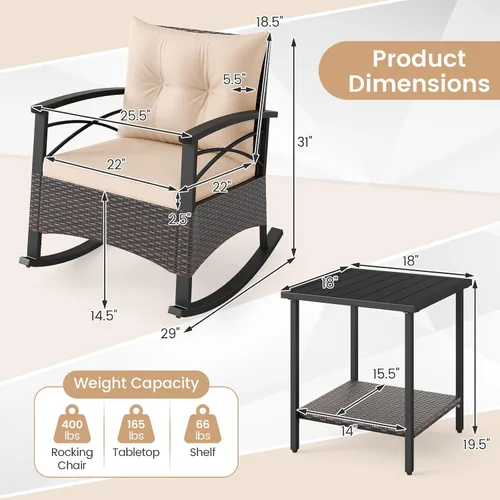 Miniatura 4 de Tangkula Juego de 3 mecedoras para exteriores, sillas mecedoras acolchadas de ratán resistente con mesa de centro de vidrio templado de 2 niveles