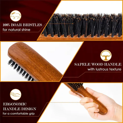 Miniatura 3 de STYLEMATE Sapele - Cepillo de pelo de cerdas de jabalí de madera para mujeres y hombres, cepillo suave para cabello fino y fino, cepillo alisador