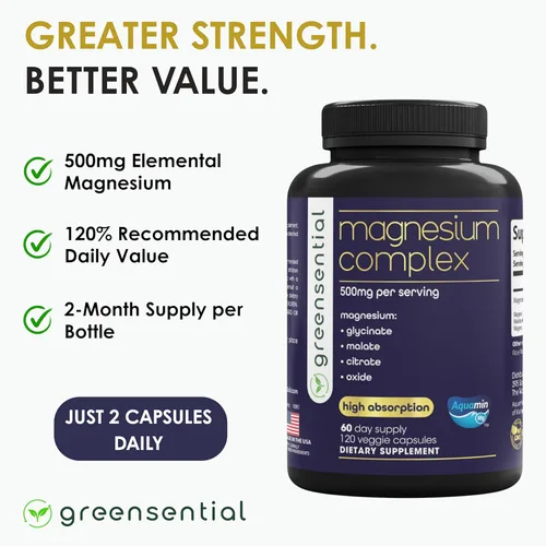 Miniatura 7 de Greensential Complejo de magnesio 500 mg Suministro de 2 meses Glicinato, Malato, Citrato, Óxido y Aquamin® Apoyo para dormir, músculos