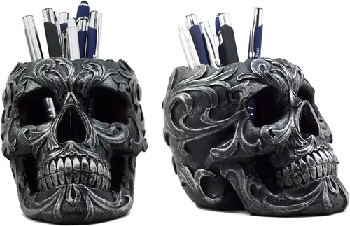 Miniatura 9 de Ebros Gift Tatuaje tribal floral cráneo titular de la pluma figurita 5.75 pulgadas de largo escritorio de oficina Osario Calaveras Decoración Cráneo