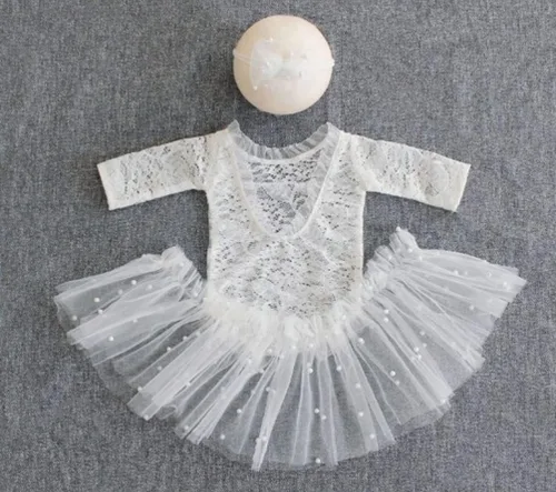Miniatura 4 de Traje de fotografía para bebé, traje de encaje para recién nacido, sesión de fotos, diadema de flores, disfraz de princesa Blanco B