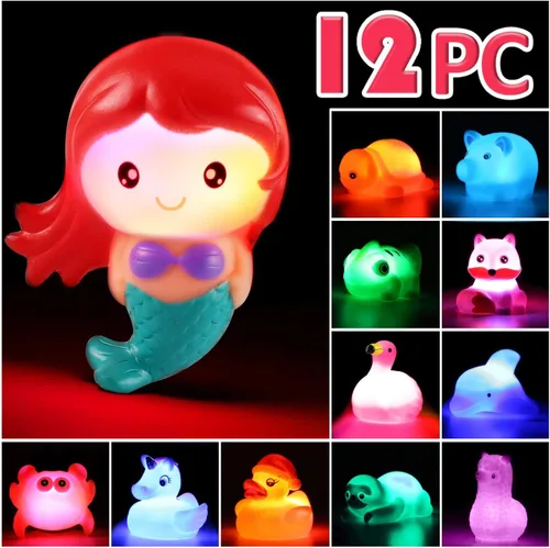 Juguete de baño sin agujeros, paquete de 12 animales iluminados, juguetes de bañera de color intermitente para niños pequeños, piscina, fiesta,