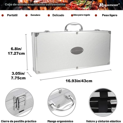 Miniatura 6 de ROMANTICIST Juego de 23 accesorios imprescindibles para parrilla de barbacoa con termómetro en estuche, juego de herramientas de barbacoa de acero