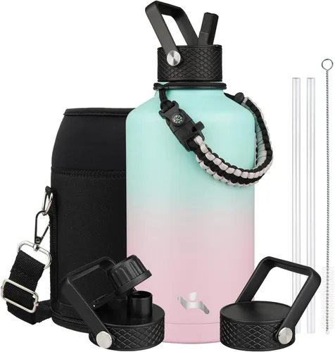 Miniatura 21 de Konokyo - Botella de agua aislada de 18 onzas, botellas deportivas de acero inoxidable con 3 tapas, verde militar