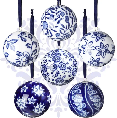 Miniatura 8 de Cindeer 6 bolas de porcelana china azul y blanca de 2.4 pulgadas, adorno de porcelana a granel de cerámica para Año Nuevo, decoración para fiesta