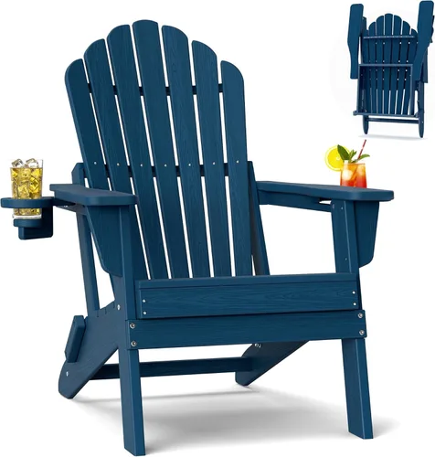 Miniatura 29 de Plawdlik Juego de 2 sillas plegables Adirondack de HDPE, sillas de patio al aire libre resistentes con soportes dobles para tazas, silla para Negro