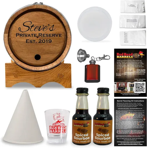 Miniatura 11 de Red Head Barrels - Barril de envejecimiento de roble blanco americano grabado personalizado de 2 litros con juego de regalo saborizante, vaso de Ron