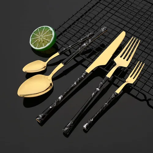 Miniatura 2 de JASHII Juego de cubiertos de acero inoxidable con textura de mármol, 24 piezas, tenedor de cuchillo, cuchara de té, cubiertos plateados para 6