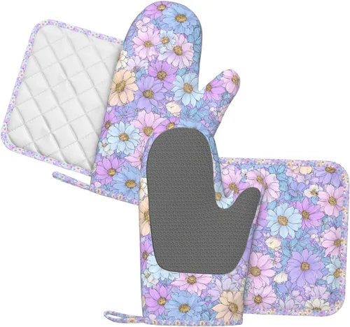 Miniatura 2 de Oven Mitts Pot Holders Set Daisy Flower Pastel Color Silicone Kitchen Gloves Potholders Heat Resistant for Chef Baking Cooking Grilling BBQ 4 Pack