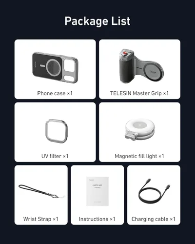 Miniatura 9 de TELESIN Kit de agarre maestro para iPhone 17 Pro, agarre magnético para cámara de teléfono Powergrip con luz selfie C03+ filtros UV, kit de creador